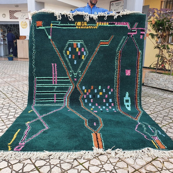 Fabulous dark green Boujad Rug Moroccan Rug Wool Hand Woven Genuine Moroccan Beni Ourain Carpet Soft Shag Artistic Oriental checker