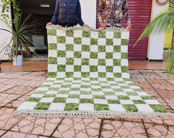 olive checkered Rug Wool Hand Woven Genuine Moroccan Beni Ourain Carpet Soft Shag Artistic Oriental checker moroccan rug