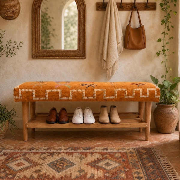 Handmade Modular Bench & Shoe Storage,  Kilim Fabric Upholstered Bench, Handmade Furniture, Footstool, Ottoman Bench , wool bench