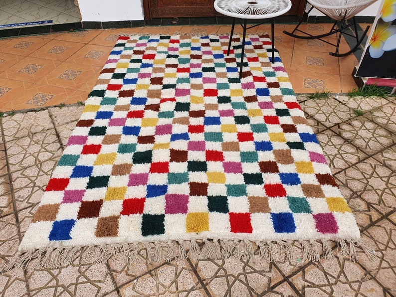 checkered moroccan rug multicolor Hand Woven Genuine Moroccan checkered carpet Beni Ourain Carpet Soft Shag Artistic Oriental plaid rug image 8