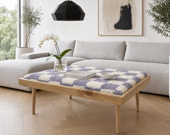 Handcrafted Moroccan Boho Modular Bench & Coffee Table – checkered Moroccan rug on cedar wood base with cylindrical legs