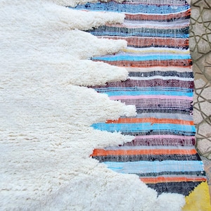 Op de afbeelding: Een wit, pluche tapijt met een kleurrijk gestreept tapijt eronder. Het gestreepte tapijt heeft oranje, blauwe, zwarte, roze en grijze strepen.