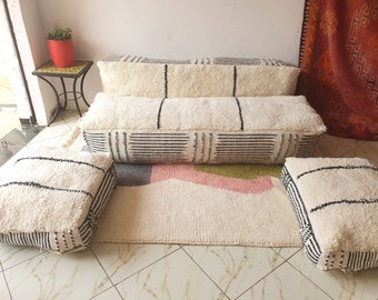 stuffed Moroccan sofa ,Moroccan Floor sofa  , Moroccan floor couch , set of floor sofa pillows Beni Ourain pouf , floor pillows ,floor pouf