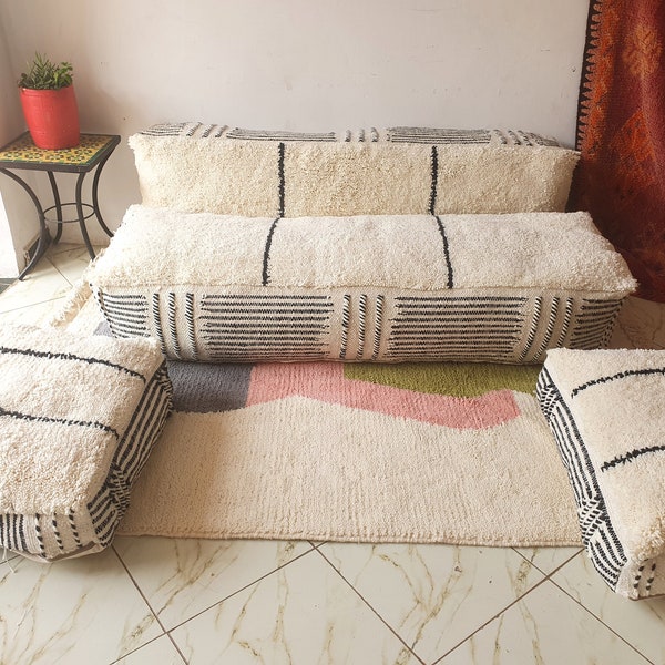 stuffed Moroccan sofa ,Moroccan Floor sofa  , Moroccan floor couch , set of floor sofa pillows Beni Ourain pouf , floor pillows ,floor pouf