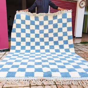 blue sky checkered Rug Wool Hand Woven Genuine Moroccan Beni Ourain Carpet Soft Shag Artistic Oriental checker moroccan rug plaid rug image 2