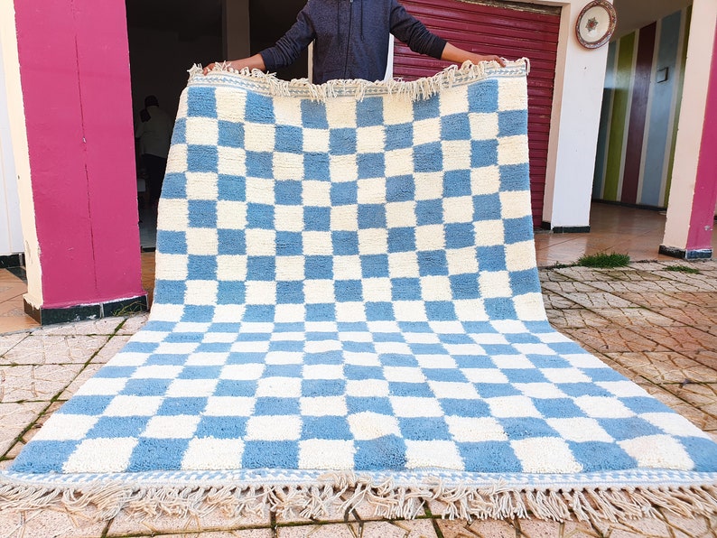 blue sky checkered Rug Wool Hand Woven Genuine Moroccan Beni Ourain Carpet Soft Shag Artistic Oriental checker moroccan rug plaid rug image 2