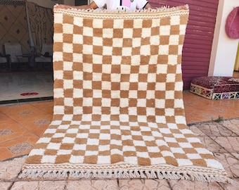beige checkered moroccan Rug Wool Hand Woven Genuine Moroccan Beni Ourain Carpet Soft Shag Artistic Oriental checker moroccan rug