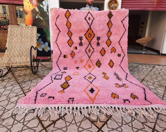 prêt à expédier Véritable rose marocain Beni Ourain tapis Soft Shag Artistique Oriental damier marocain taille 8 x 10 pieds