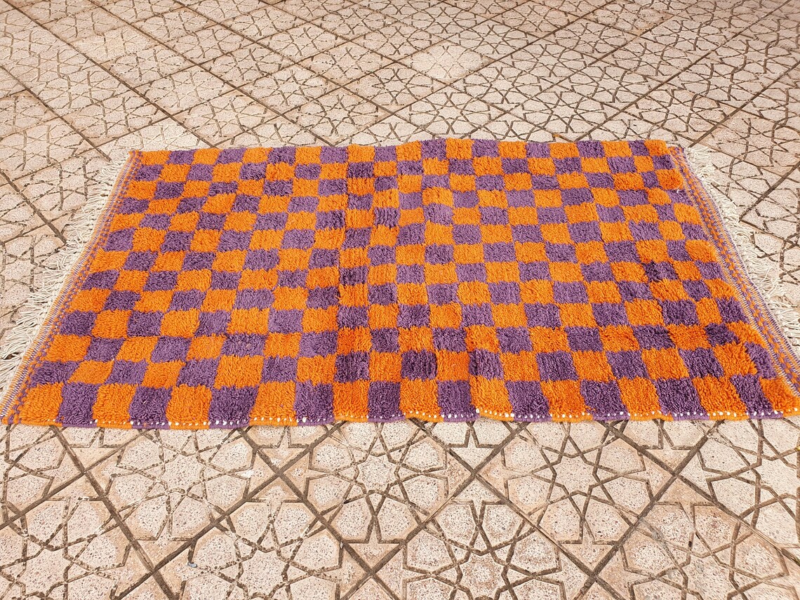 Checkered Purple / Orange Rug Wool Hand Woven Genuine Moroccan Etsy