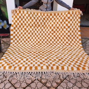 checkered Rug Orange Wool Hand Woven Genuine Moroccan Beni Ourain Carpet Soft Shag Artistic Oriental checker moroccan rug