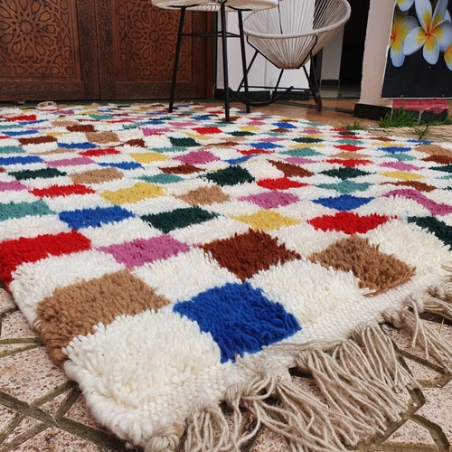 Checkered Green Rug Wool Hand Woven Genuine Moroccan Beni - Etsy