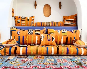 Moroccan sofa cuch , Moroccan floor couch , set of floor sofa pillows Beni Ourain pouf Orange couch , Moroccan sofa,