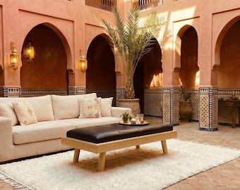 Handmade Black Leather Bench Coffee Table | Moroccan Cedar Wood Ottoman | Large, Moroccan Modular Bench & Coffee Table