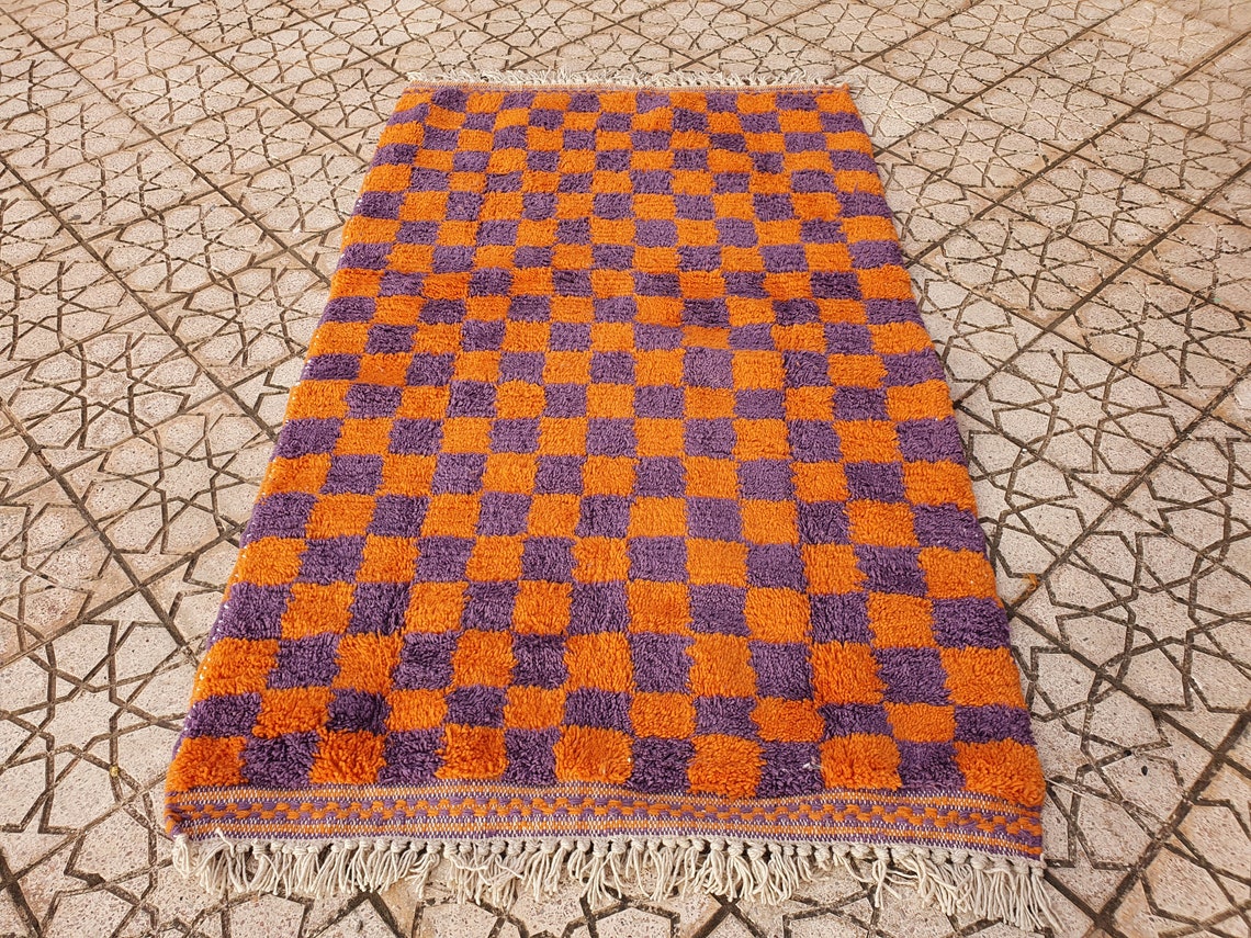 Checkered Purple / Orange Rug Wool Hand Woven Genuine Moroccan Etsy