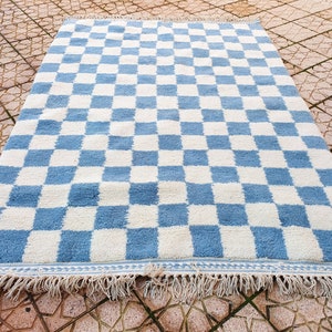 blue sky checkered Rug Wool Hand Woven Genuine Moroccan Beni Ourain Carpet Soft Shag Artistic Oriental checker moroccan rug plaid rug image 9