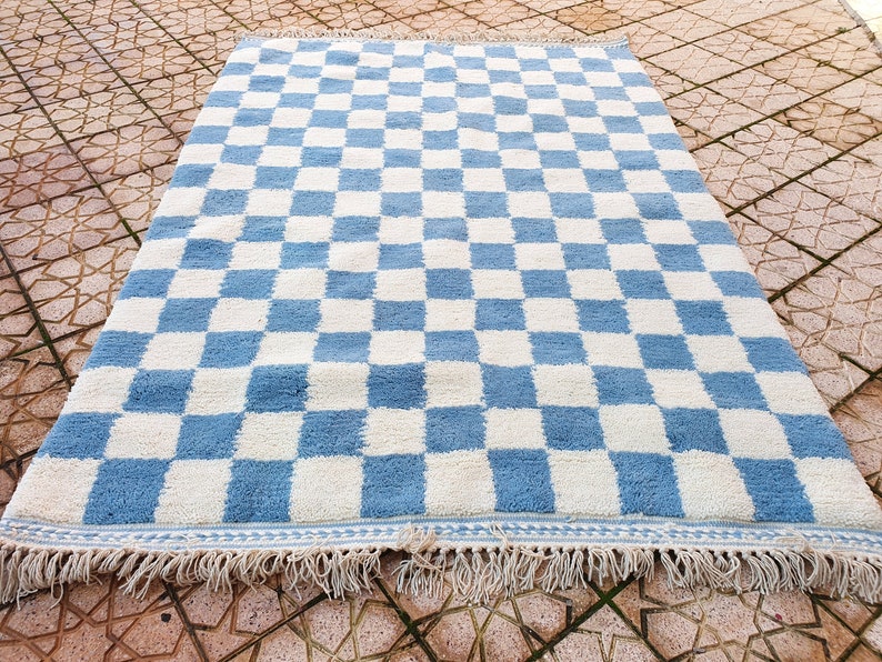 blue sky checkered Rug Wool Hand Woven Genuine Moroccan Beni Ourain Carpet Soft Shag Artistic Oriental checker moroccan rug plaid rug image 9