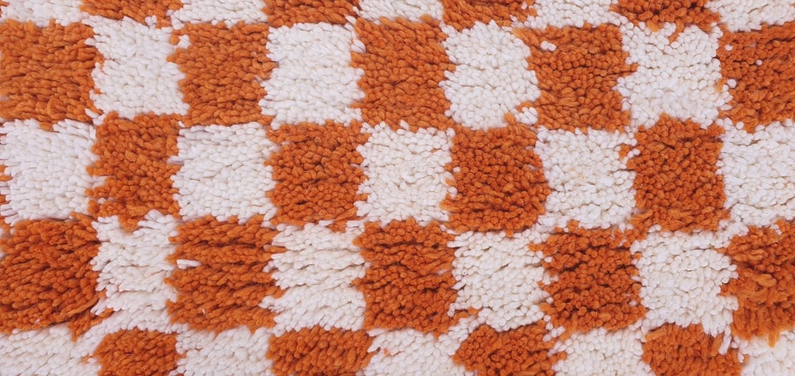Checkered Rug Orange Wool Hand Woven Genuine Moroccan Beni Etsy