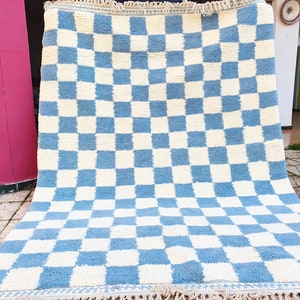 blue sky checkered Rug Wool Hand Woven Genuine Moroccan Beni Ourain Carpet Soft Shag Artistic Oriental checker moroccan rug plaid rug image 3