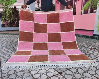 big checkered Rug Wool Hand Woven Genuine Moroccan Beni Ourain Carpet Soft Shag Artistic Oriental checker moroccan rug pink and brown rug