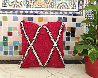 Red Beni Ourain Pillow handmade Moroccan Pillows 100% wool