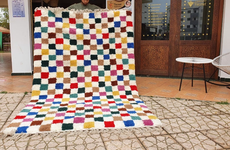 checkered moroccan rug multicolor Hand Woven Genuine Moroccan checkered carpet Beni Ourain Carpet Soft Shag Artistic Oriental plaid rug image 6