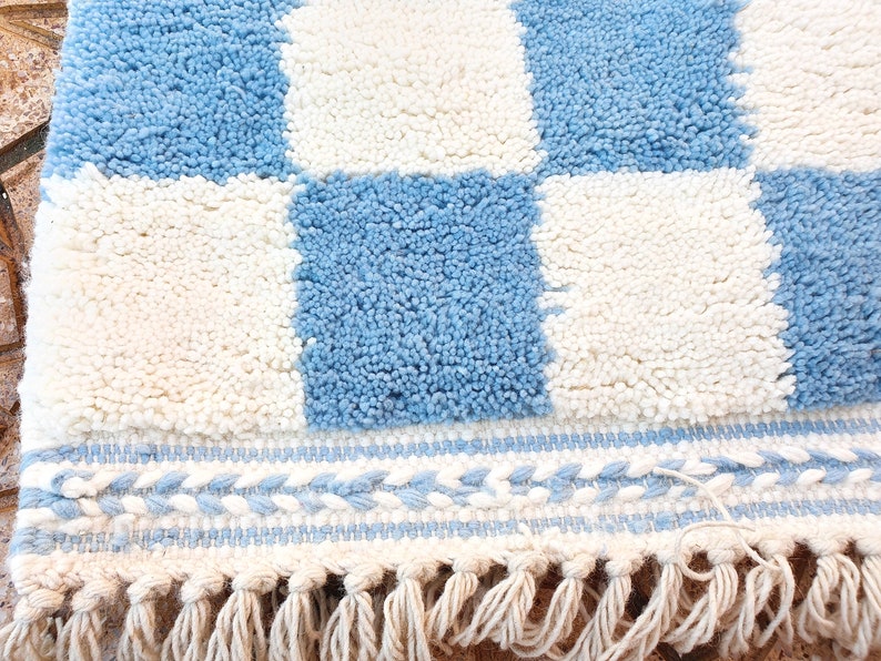 blue sky checkered Rug Wool Hand Woven Genuine Moroccan Beni Ourain Carpet Soft Shag Artistic Oriental checker moroccan rug plaid rug image 8