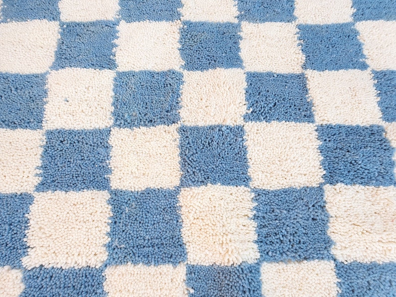 blue sky checkered Rug Wool Hand Woven Genuine Moroccan Beni Ourain Carpet Soft Shag Artistic Oriental checker moroccan rug plaid rug image 7