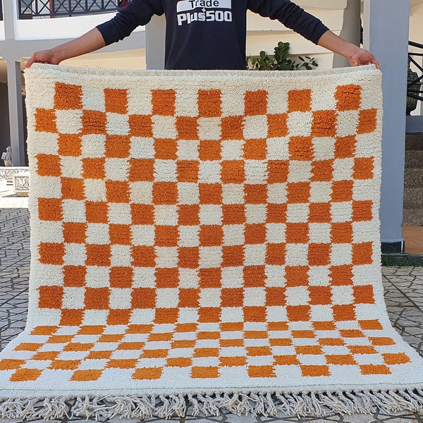 Orange checkered Rug Wool Hand Woven Genuine Moroccan Beni Ourain Carpet Soft Shag Artistic Oriental checker moroccan rug