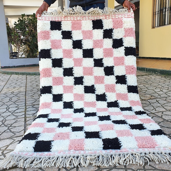 checkered Rug Wool Hand Woven Genuine Moroccan Beni Ourain Carpet Soft Shag Artistic Oriental checker moroccan rug