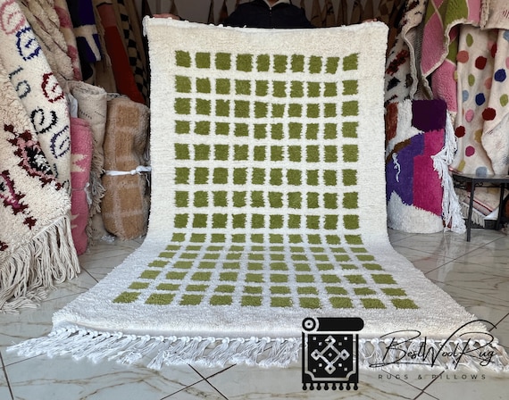 GREEN MOROCCAN RUG  Genuine Moroccan Beni Ourain Carpet Soft Shag Artistic Oriental checker moroccan rug  , plaid rug