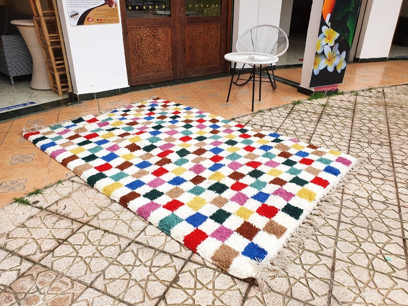 checkered moroccan rug multicolor Hand Woven Genuine Moroccan checkered carpet Beni Ourain Carpet Soft Shag Artistic Oriental plaid rug image 7