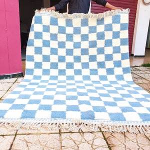 blue sky checkered Rug Wool Hand Woven Genuine Moroccan Beni Ourain Carpet Soft Shag Artistic Oriental checker moroccan rug plaid rug image 5