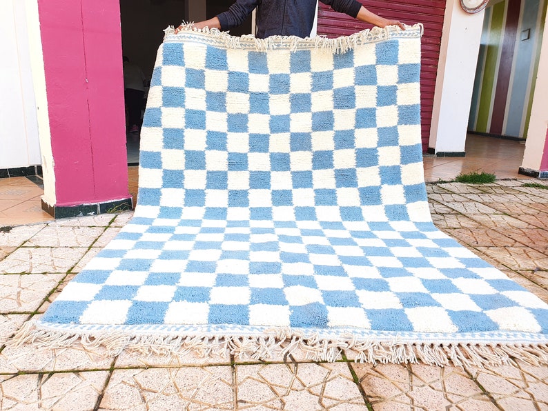 blue sky checkered Rug Wool Hand Woven Genuine Moroccan Beni Ourain Carpet Soft Shag Artistic Oriental checker moroccan rug plaid rug image 5