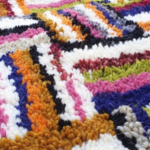 May include: A colorful, geometric rug with a variety of textures and patterns. The rug is made of different colored yarns woven together to create a unique and eye-catching design.