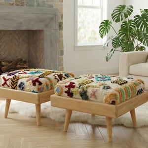 Handmade Wool Footstool Bench - Moroccan Artisan Cedar Wood Ottoman ,footrest stools
