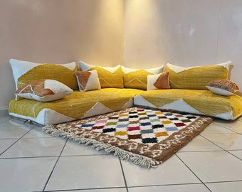 yellow Moroccan Floor sofa  , Moroccan floor pouf , set of floor sofa pillows Beni Ourain pouf  Green couch , floor pillows ,  floor pouf