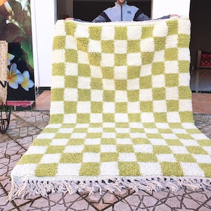 checkered green Rug Wool Hand Woven Genuine Moroccan Beni Ourain Carpet Soft Shag Artistic Oriental checker moroccan rug , plaid rug