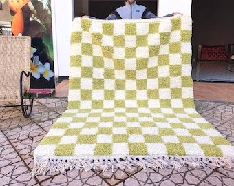 Alfombra a cuadros verde de lana tejida a mano auténtica marroquí Beni Ourain Alfombra suave y peluda Alfombra artística oriental marroquí a cuadros, alfombra a cuadros