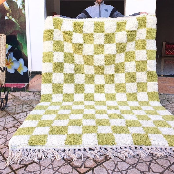 checkered green Rug Wool Hand Woven Genuine Moroccan Beni Ourain Carpet Soft Shag Artistic Oriental checker moroccan rug  , plaid rug