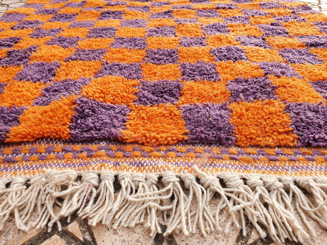 Checkered Purple / Orange Rug Wool Hand Woven Genuine Moroccan Etsy