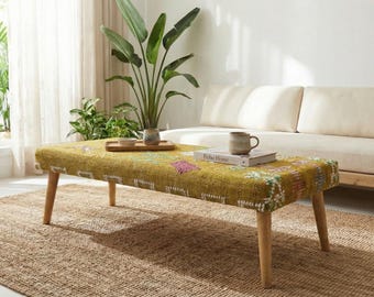 Moroccan Modular Bench & Coffee Table Geometric Kilim Fabric on Rustic Natural Wood Base Footstool Bench, Ottoman Bench