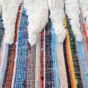 Op de afbeelding: Een kleurrijk gestreept tapijt met een witte, pluche franje. Het tapijt heeft een verscheidenheid aan kleuren, waaronder blauw, oranje, geel en roze.