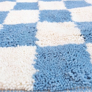 blue sky checkered Rug Wool Hand Woven Genuine Moroccan Beni Ourain Carpet Soft Shag Artistic Oriental checker moroccan rug plaid rug image 4