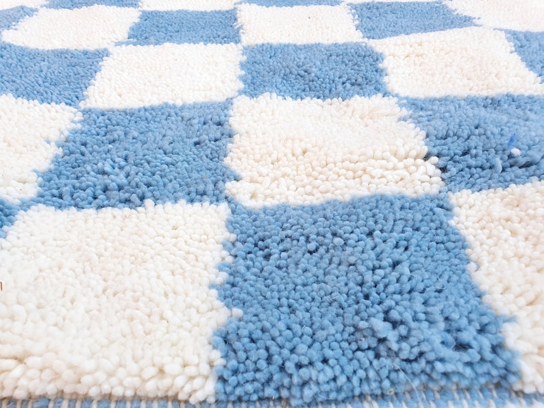 blue sky checkered Rug Wool Hand Woven Genuine Moroccan Beni Ourain Carpet Soft Shag Artistic Oriental checker moroccan rug plaid rug image 4