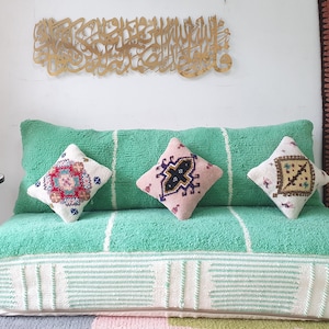 Moroccan Floor couch , Moroccan long floor couch , set of floor sofa pillows Beni Ourain pouf Green couch , Moroccan sofa , floor pouf