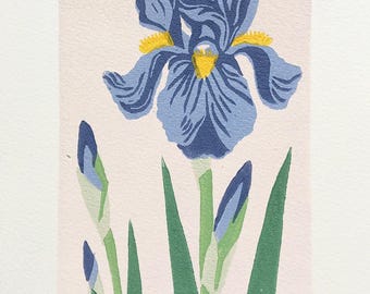 Linogravure botanique de fleurs "Iris"