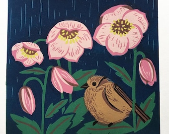 May include: A woodblock print of a bird perched on a branch of pink flowers with green leaves. The background is a dark blue with white raindrops. The print is titled "Sous la pluie" and numbered 1/20. The artist's signature is "F. MULLER".