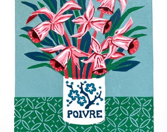 Originele genummerde linosnede: Roze narcissen
