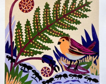 May include: A colorful print featuring a bird with orange and purple plumage perched near a fern and a parade of ants. The artwork includes the word "Parade" and the artist's signature. The print is numbered 1/11.