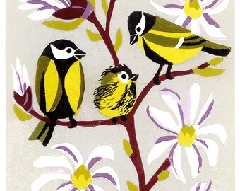 May include: A colorful illustration of three birds perched on a branch with white flowers and purple accents. The birds have yellow and black markings. The background is a light gray color. The artwork has a vintage, folk art style.